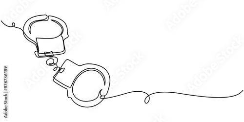 Handcuffs in one continuous line drawing. Symbol of police justice and jail prison concept in simple linear style. True crime web banner with editable stroke. Doodle vector illustration, Handcuffs one