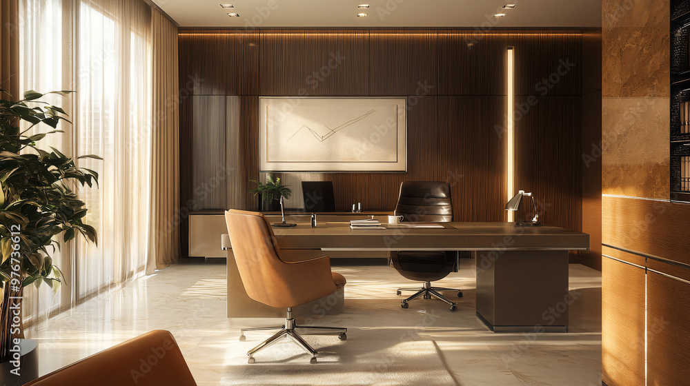 Fototapeta premium An executive office suite with a large desk, leather chair, and a modern design.