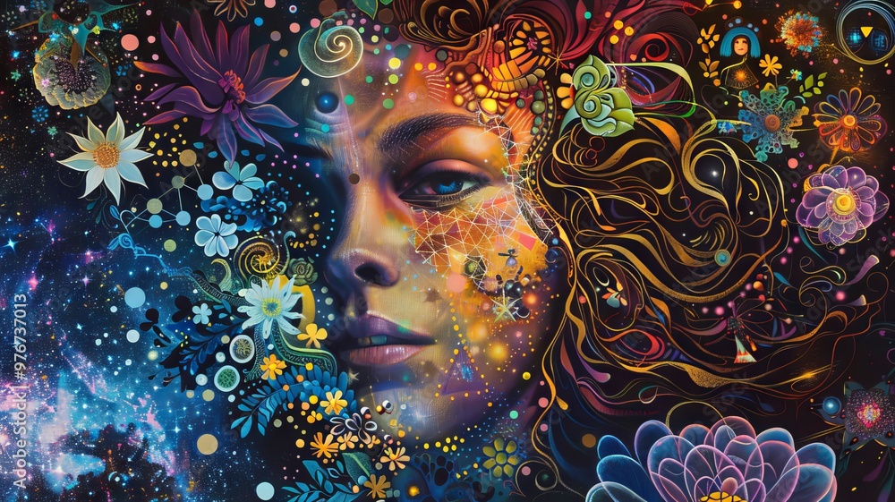 Abstract background. Windows wallpaper, Beautiful woman surrounded by stars, galaxies, flowers, and crystals, with a dark and intricate illuststration a psychedelic, DMT, LSD, Psychedelic fantasy Abstract background. Windows wallpaper, Beautiful woman surrounded by stars, galaxies, flowers, and crystals, with a dark and intricate illuststration a psychedelic, DMT, LSD, Psychedelic fantasy