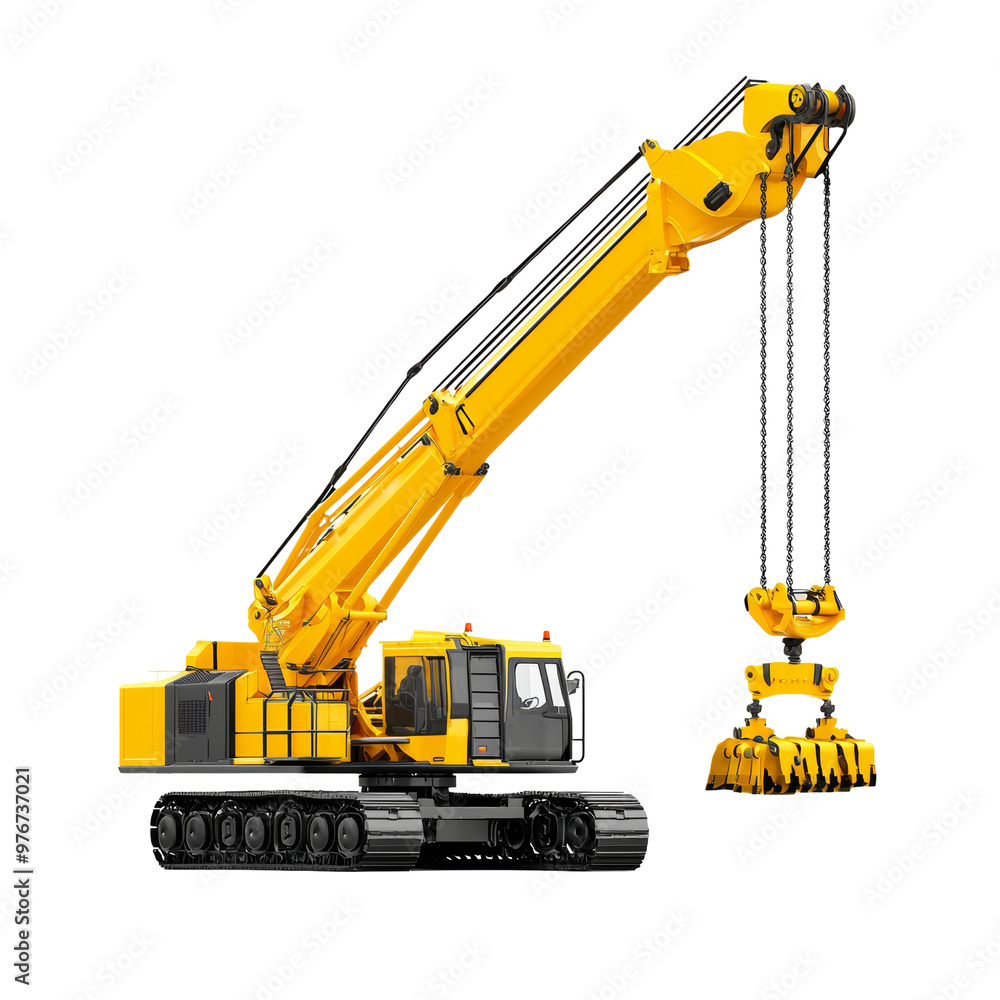 Fototapeta premium Heavy duty yellow crane with extendable arm and grappling hook