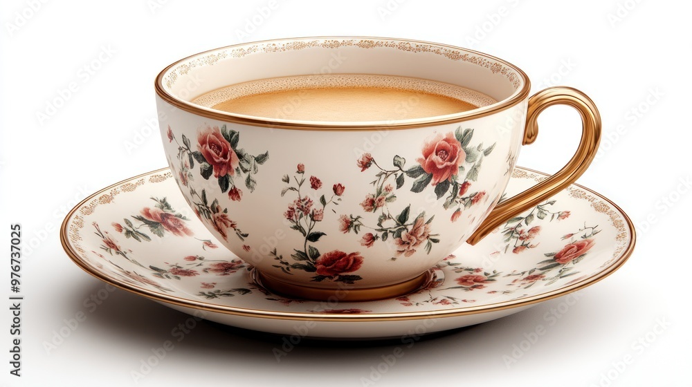 Fototapeta premium A decorative teacup with floral design and saucer, filled with tea.