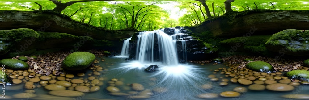 Obraz premium 360 degree Forest Waterfall and Stream, A 360-degree view of a hidden waterfall deep in a forest, with moss-covered rocks, clear running water, and sunlight filtering through the trees above.