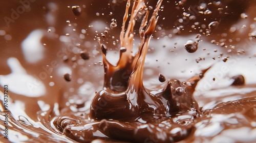 A close-up shot capturing milk chocolate splattering in slow motion. The dynamic motion of the liquid chocolate creates an artistic and mouthwatering effect, showcasing the rich texture and deliciousn photo