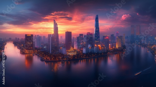 Panoramic of Ho chi minh city or Saigon city at twilight in Vietnam.