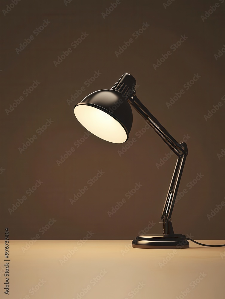Black Desk Lamp With Light On In Modern Setting Black Desk Lamp With Light On In Modern Setting