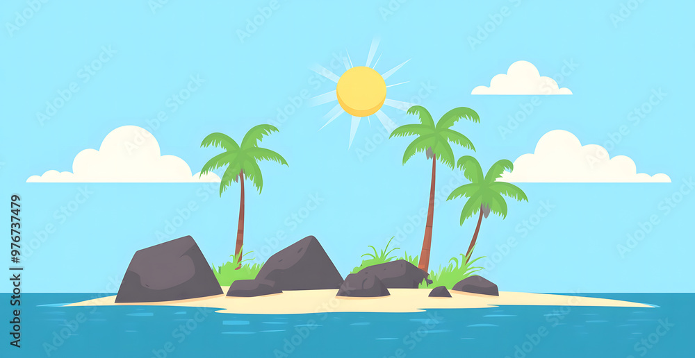Obraz premium Minimalist Tropical Island Illustration with Palm Trees and Rocks