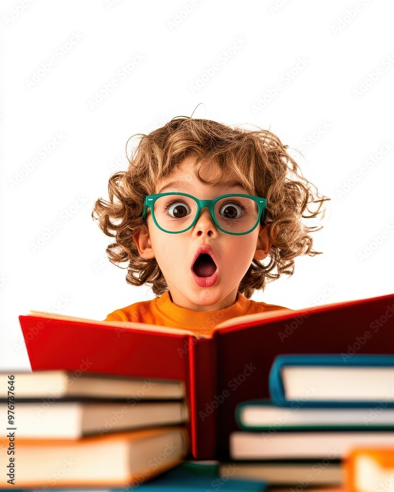 A surprised child with curly hair and glasses gazes at a book filled with wonder and excitement, surrounded by colorful books with isolated on white background A surprised child with curly hair and glasses gazes at a book filled with wonder and excitement, surrounded by colorful books with isolated on white background