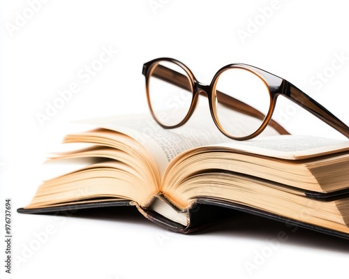 An open book with reading glasses on top, symbolizing knowledge and learning in a minimalist style, with isolated on white background