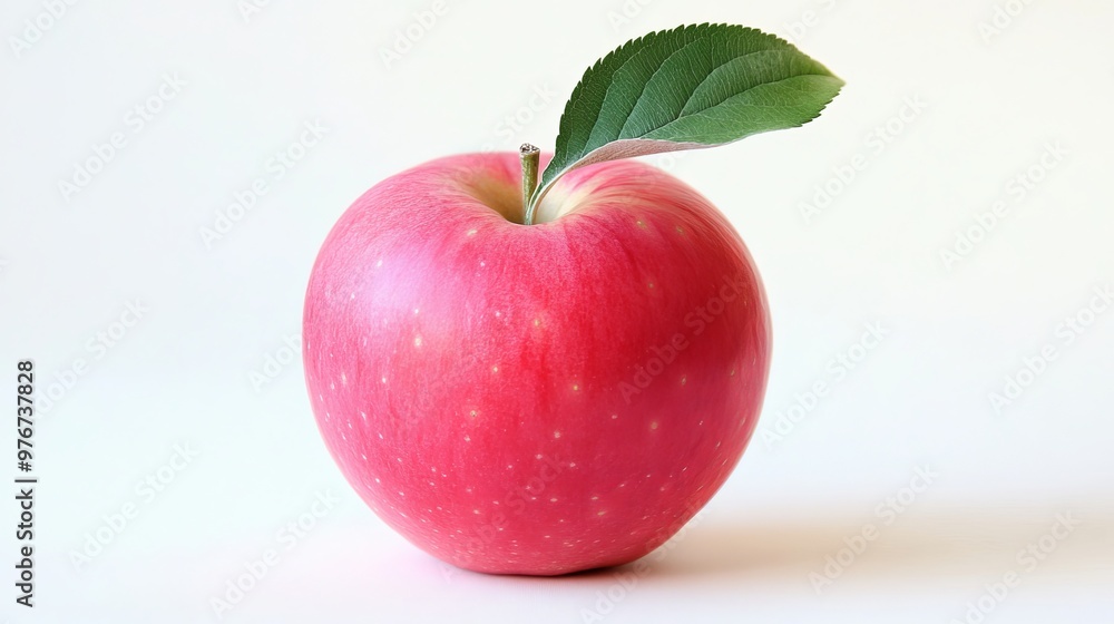 A bright pink Fuji apple, fresh and juicy, with a green leaf, set against a white background, looking ready to eat. A bright pink Fuji apple, fresh and juicy, with a green leaf, set against a white background, looking ready to eat.