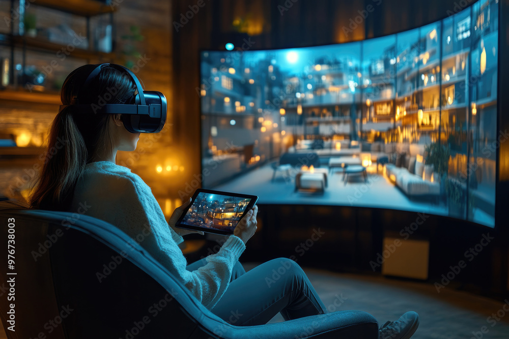Young women watching VR movies and TV shows indoors Young women watching VR movies and TV shows indoors