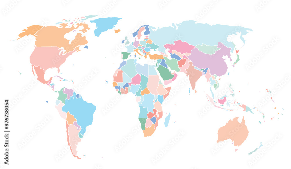 Fototapeta World map on white background. All countries in The World different colors. Can use for printing, website, presentation element, textile. World map vector illustration, high-resolution, travel.