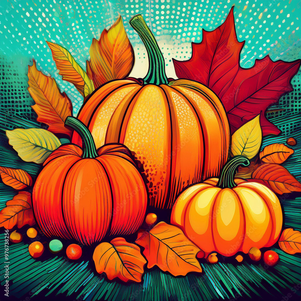 Pop art on the theme of autumn. Pumpkins, leaves in vector style Pop art on the theme of autumn. Pumpkins, leaves in vector style