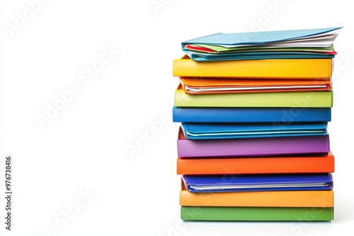 A stack of colorful folders, neatly organized, office management theme, isolated on white background