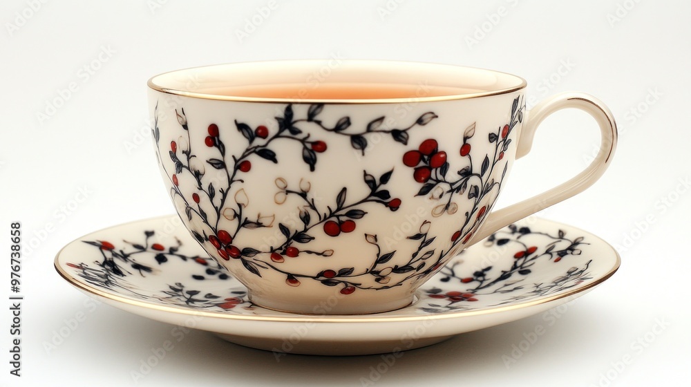 A delicate teacup with floral patterns and a matching saucer. A delicate teacup with floral patterns and a matching saucer.