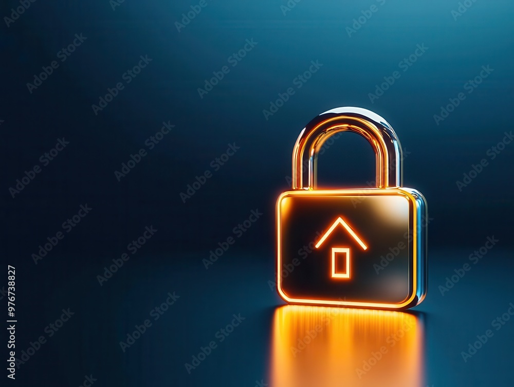 A golden padlock shaped like a house, with the words Fixed-Rate Mortgage glowing, representing financial stability A golden padlock shaped like a house, with the words Fixed-Rate Mortgage glowing, representing financial stability
