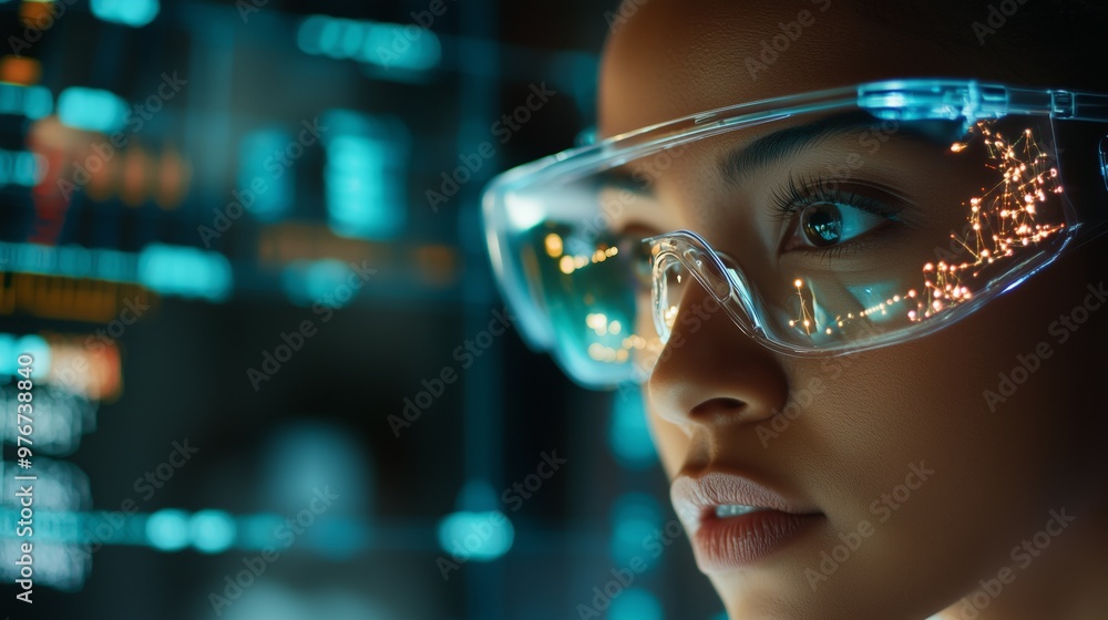 Scientist observing data through augmented reality interface, futuristic technology visualization. AI generated Scientist observing data through augmented reality interface, futuristic technology visualization. AI generated