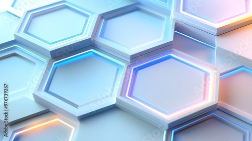 Multi-layered hexagonal shapes, glass transparency with glowing neon blue edges, smooth gradient transitions, white background, futuristic minimalism