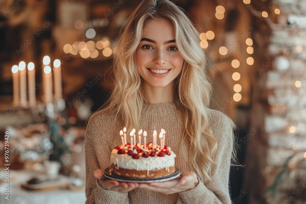 A young woman holding a birthday cake A young woman holding a birthday cake