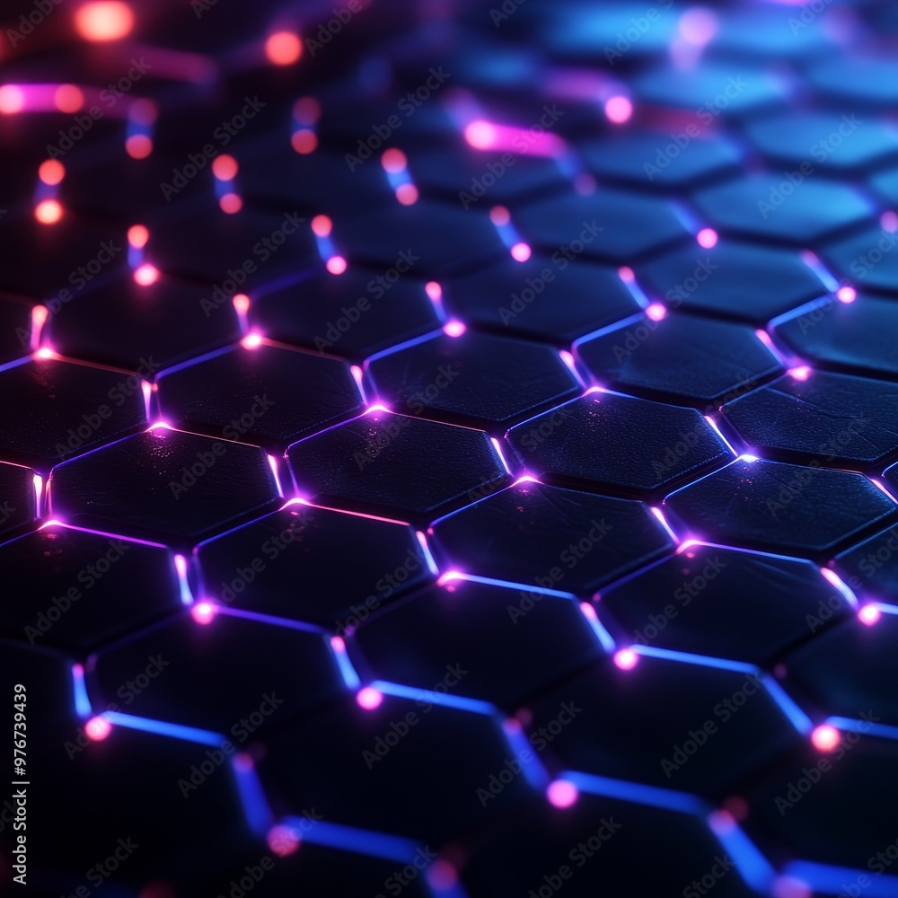 Neon blue and purple hexagon network, glowing edges, sleek cyberpunk design, layered 3D pattern, dark futuristic background Neon blue and purple hexagon network, glowing edges, sleek cyberpunk design, layered 3D pattern, dark futuristic background