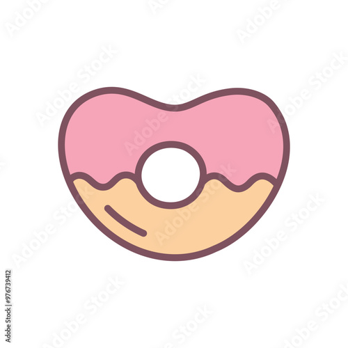 Cute donut icon. Hand drawn illustration of a heart-shaped doughnut with pink glaze isolated on a white background. Kawaii St. Valentine day sticker. Vector 10 EPS.