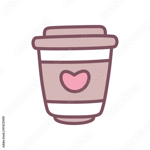 Cute coffee cup icon. Hand drawn illustration of a paper coffee mug decorated with a heart isolated on a white background. Kawaii St. Valentine day sticker. Vector 10 EPS.