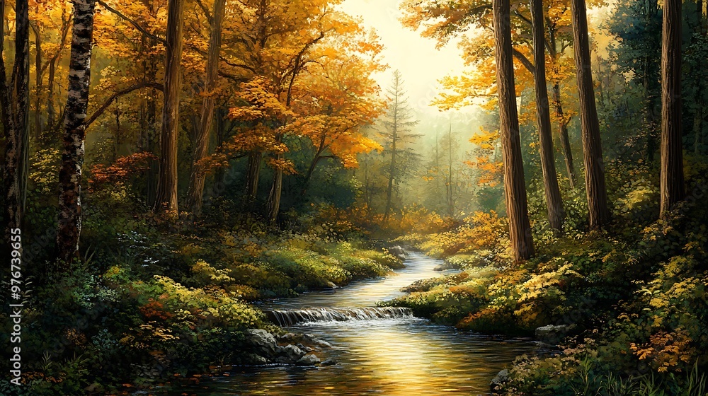 Fototapeta premium Peaceful water stream winding through a dense, vibrant forest, illustrating a serene woodland scene.