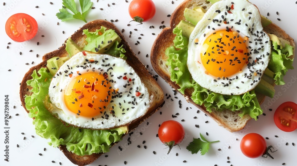 Nutritious breakfast fried eggs with veggies and toast topped with avocado on a clean surface Nutritious breakfast fried eggs with veggies and toast topped with avocado on a clean surface