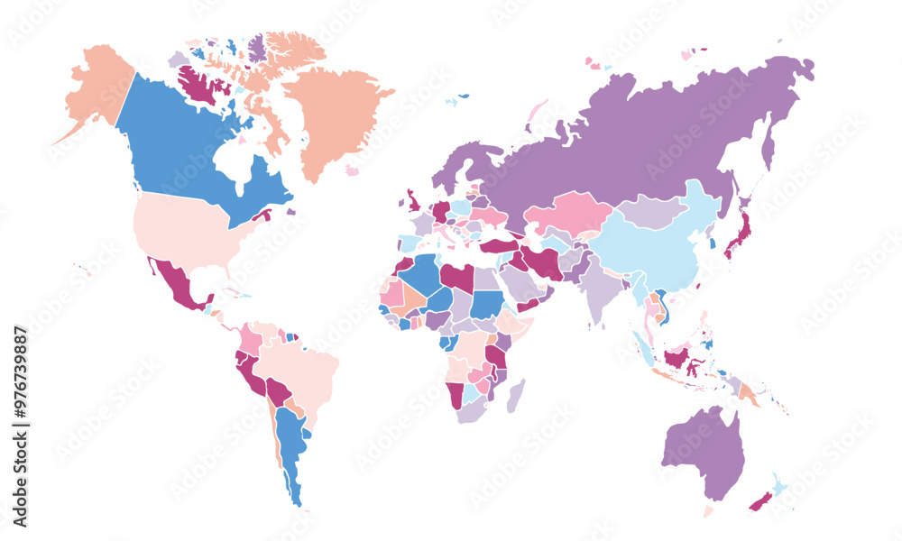 Fototapeta premium World map on white background. All countries in The World different colors. Can use for printing, website, presentation element, textile. World map vector illustration, high-resolution, travel.