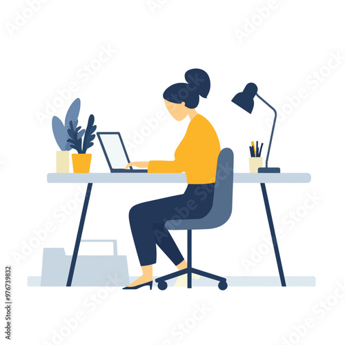 Woman working on computer, isolated on white background