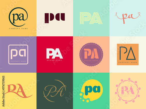 PA logo company template. Letter p and a logotype. Set different classic serif lettering and modern bold text with design elements. Initial font typography.