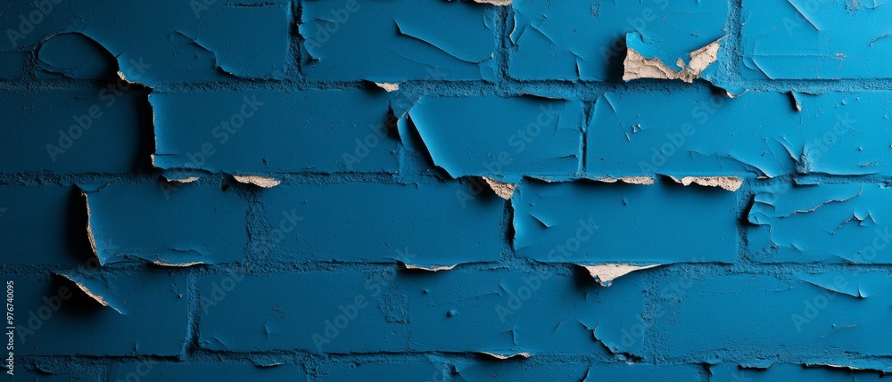 Obraz premium Old worn wall with layers of chipped paint and plaster, grungy textures in faded blue and white tones, exposed brick in some areas, moody lighting with shadows adding depth