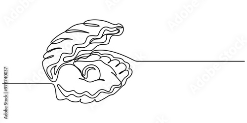 Continuous one line drawing natural open pearl shell close up. Modern minimalist ison or logo in black and white colors. Vector illustration, Continuous one line drawing of open oyster shell seashell