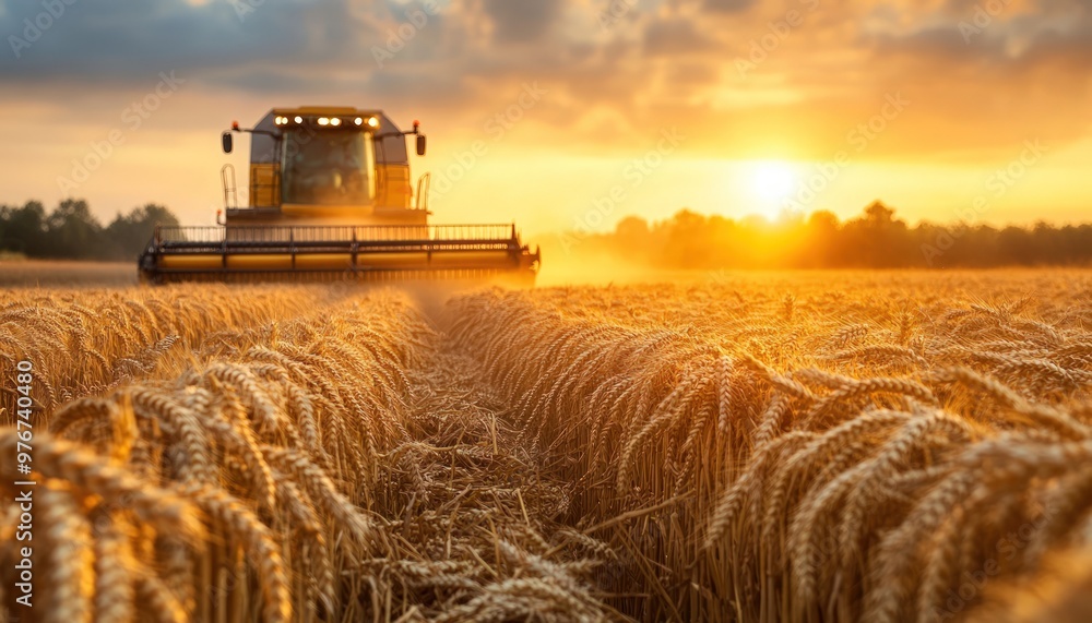 A combine harvester works in a field of golden wheat at sunset. A combine harvester works in a field of golden wheat at sunset.