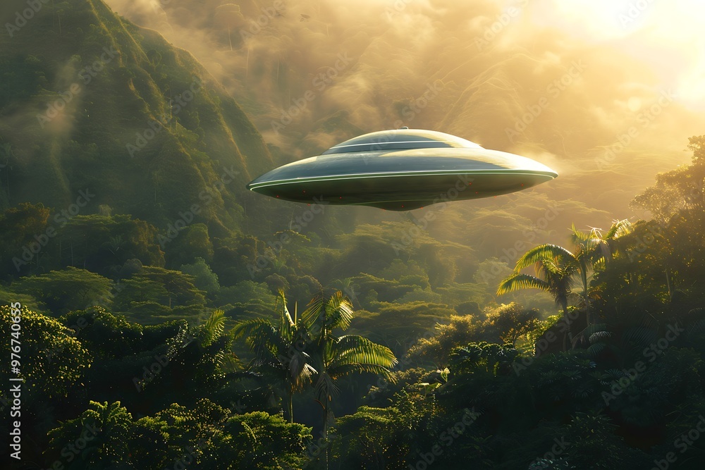 A silver UFO hovers over a dense jungle at sunrise. A silver UFO hovers over a dense jungle at sunrise.