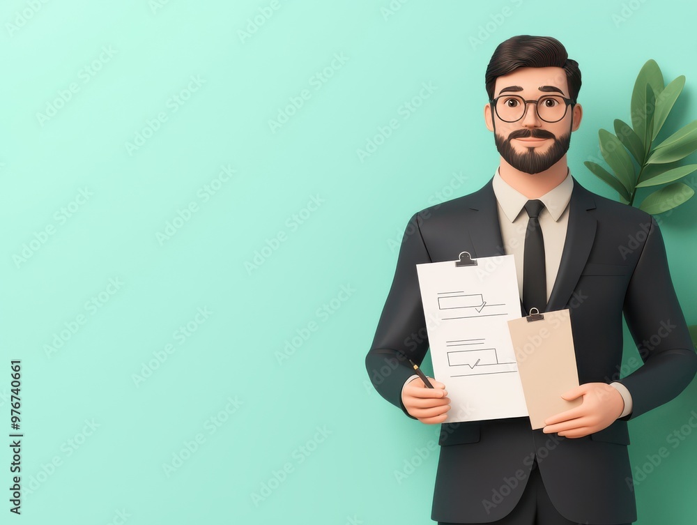 A businessman in a suit holds documents and smiles confidently in front of a green background, representing professionalism. A businessman in a suit holds documents and smiles confidently in front of a green background, representing professionalism.