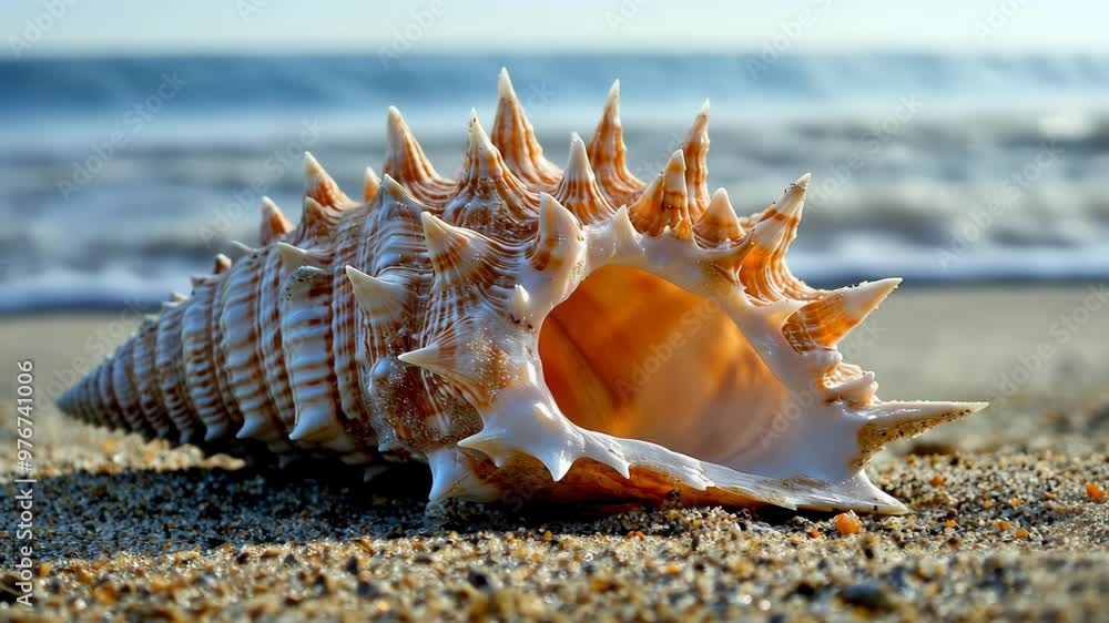 Exploring a stunning spiny shell along a tranquil beach at sunset Exploring a stunning spiny shell along a tranquil beach at sunset