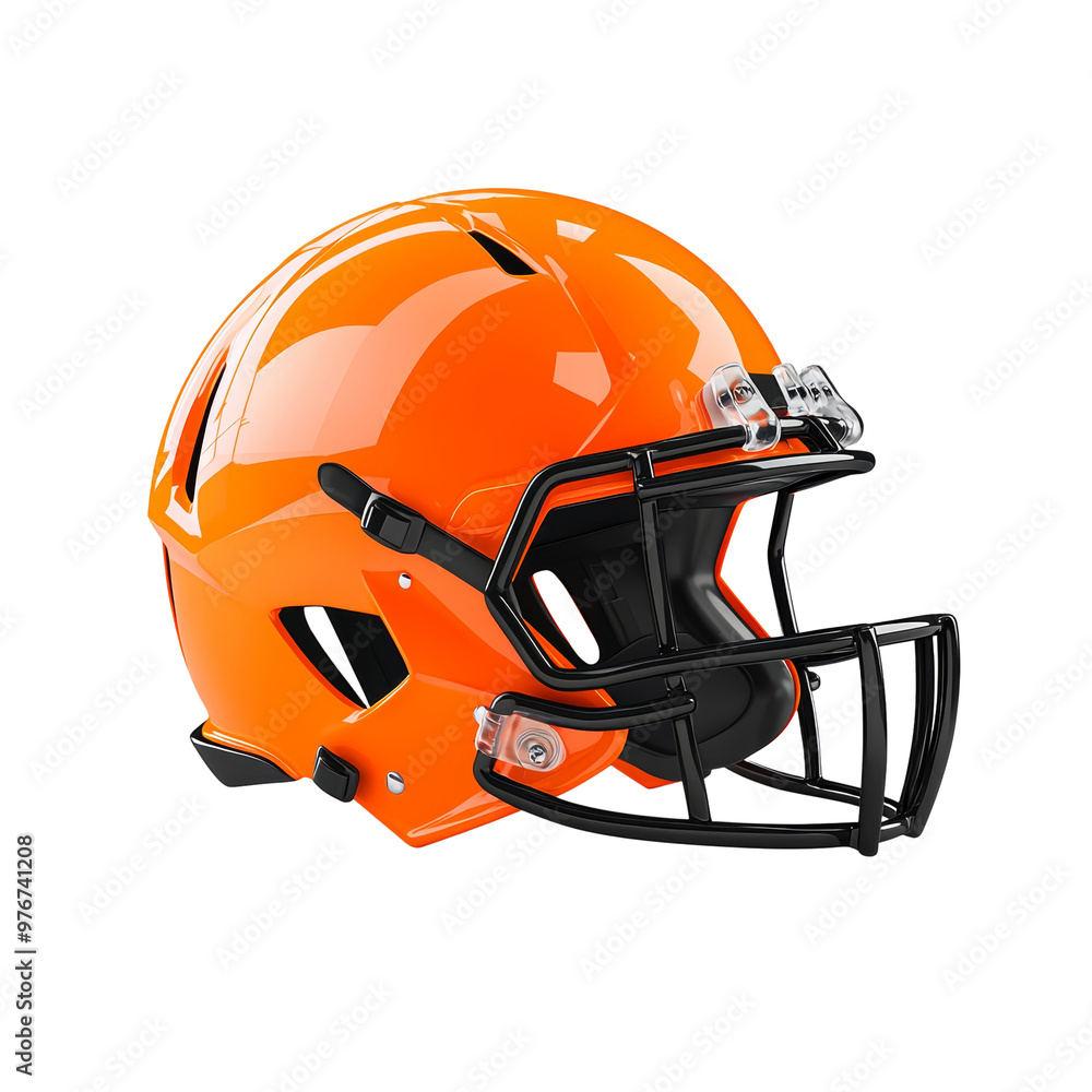Fototapeta premium Bright orange football helmet on black background, sporty design