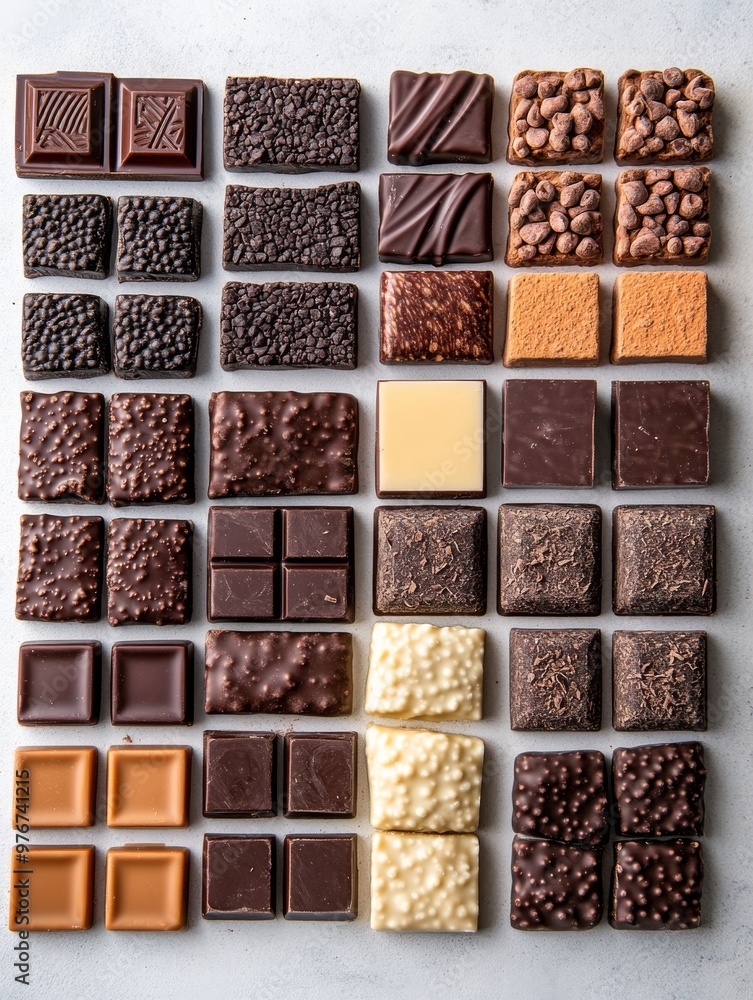 flat various chocolate pieces from dark milk arranged artistically white surface with focus textures smoothness flat various chocolate pieces from dark milk arranged artistically white surface with focus textures smoothness