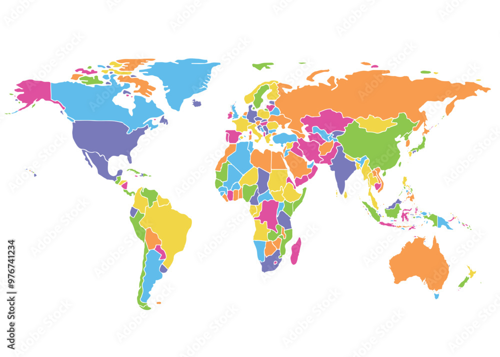 Fototapeta premium World map on white background. All countries in The World different colors. Can use for printing, website, presentation element, textile. World map vector illustration, high-resolution, travel.