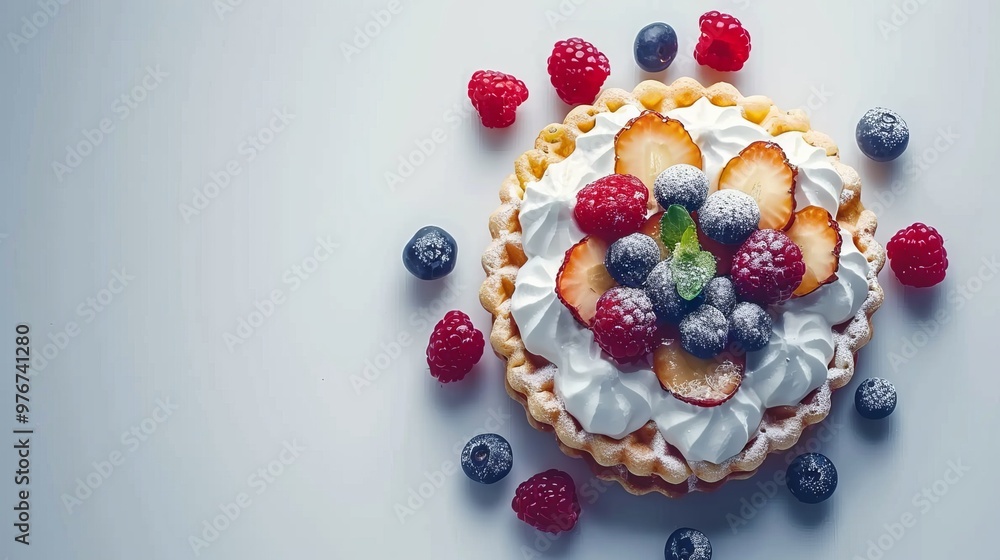Delicious waffles topped with cream and fresh fruits on a white background from above Delicious waffles topped with cream and fresh fruits on a white background from above