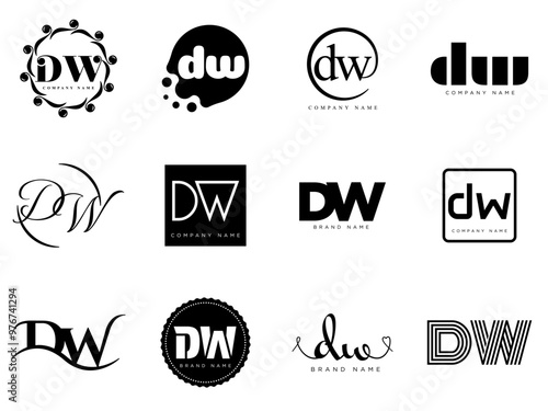 DW logo company template. Letter d and w logotype. Set different classic serif lettering and modern bold text with design elements. Initial font typography.