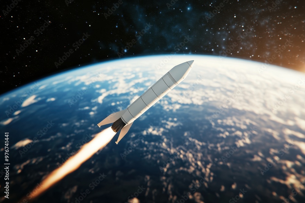 A rocket is flying through the sky above the Earth A rocket is flying through the sky above the Earth