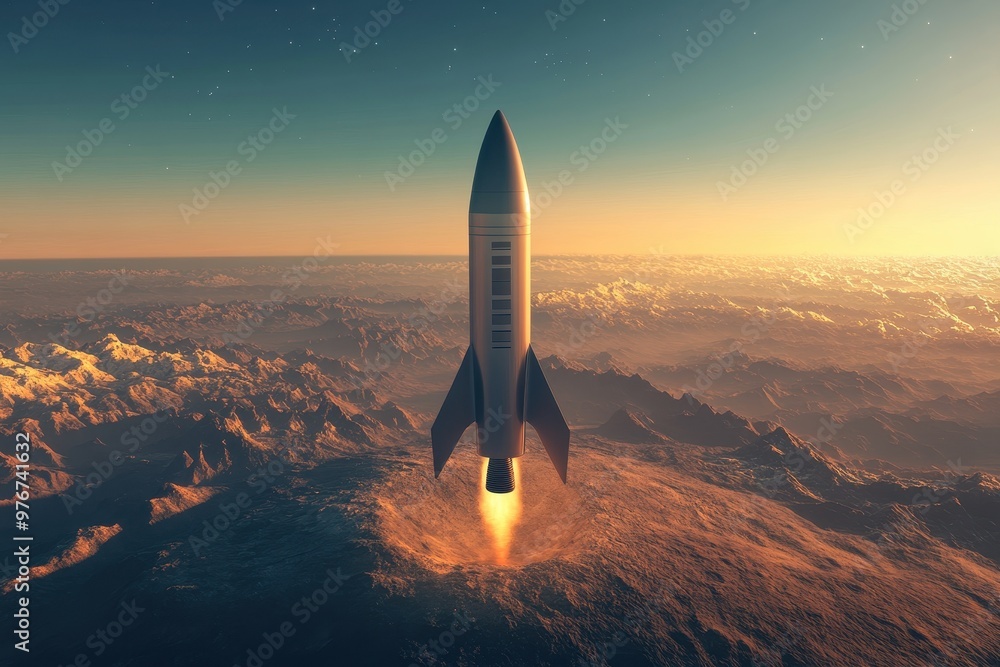 A rocket is flying through the sky above the Earth A rocket is flying through the sky above the Earth