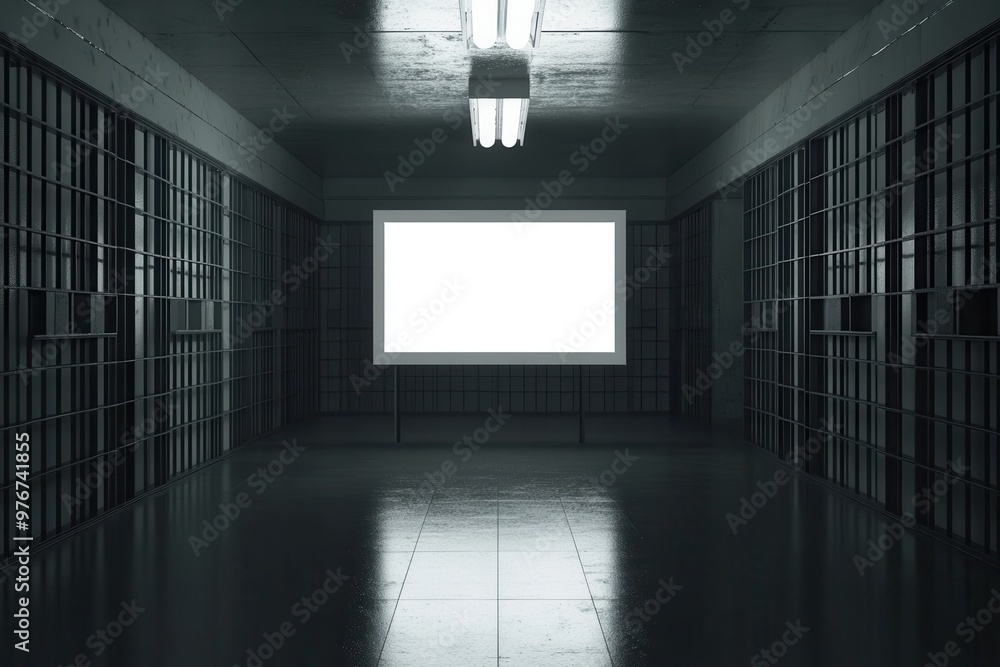 A prison cell with a window and a white screen A prison cell with a window and a white screen