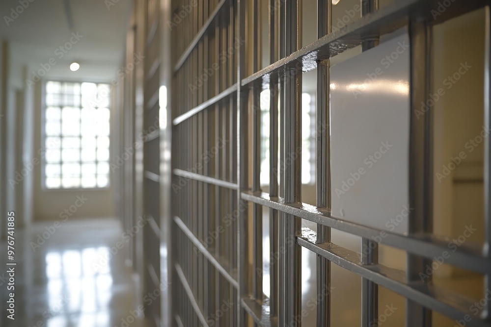 A prison cell with a window and a white screen A prison cell with a window and a white screen