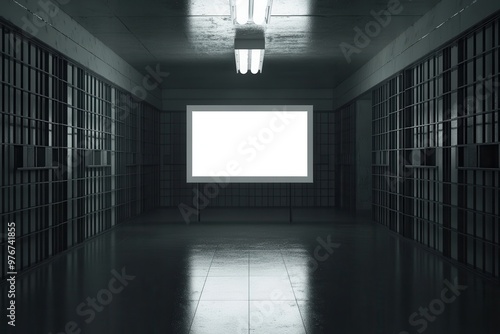 A prison cell with a window and a white screen