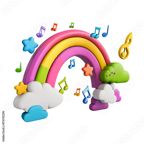 Colorful rainbow with music notes and playful clouds in a 3D design