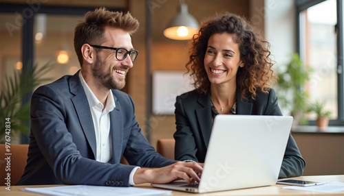 Happy professional business man and woman working on laptop at office meeting, two busy colleagues working together having conversation on project, discussing business plan at office 