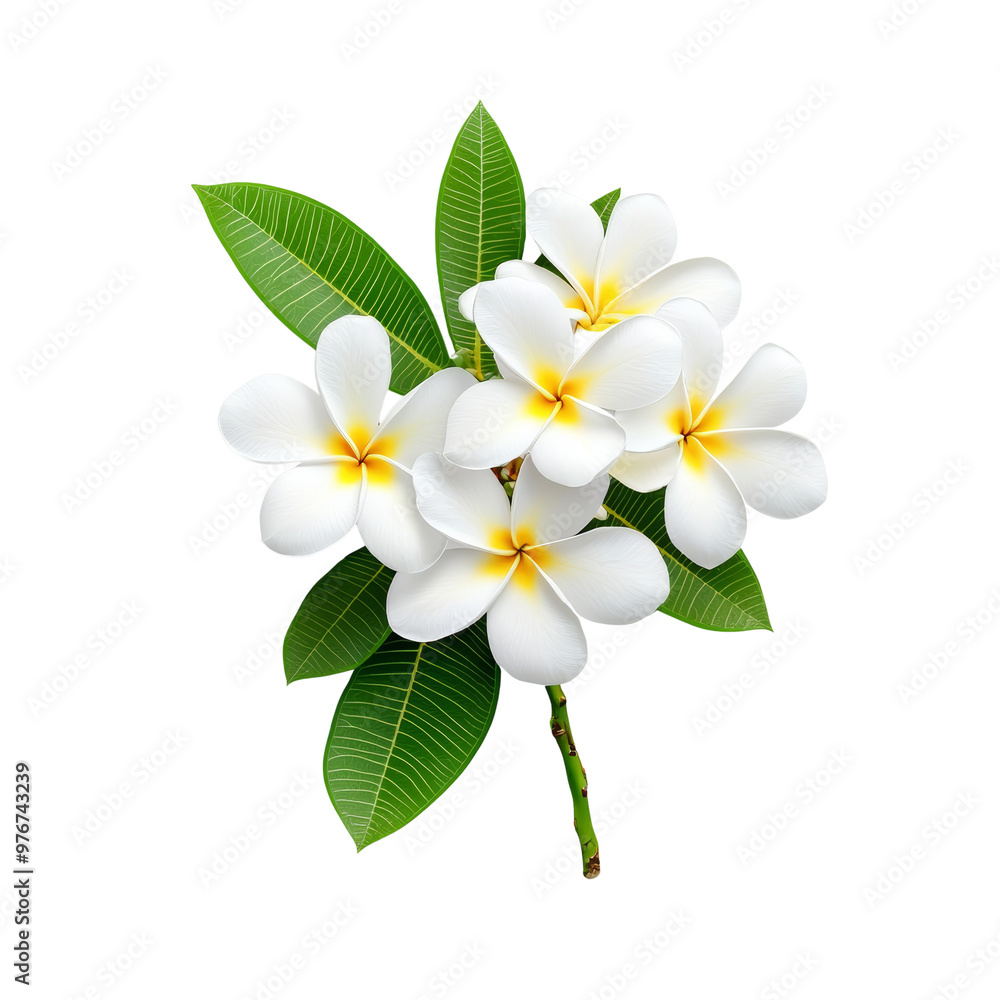 Fototapeta premium Beautiful white plumeria flowers with green leaves on black background