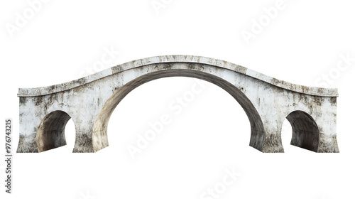 An old stone arch bridge stands isolated against a white background.